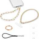 2 pcs Phone Charm with Gold Metal Chain Detachable Phone Lanyard Hand Wrist Smartphone Strap Adjustable Phone Grip Strap with 3 Patches Tether Universal for iPhone 15 Pro Max 14 13 11 Charms