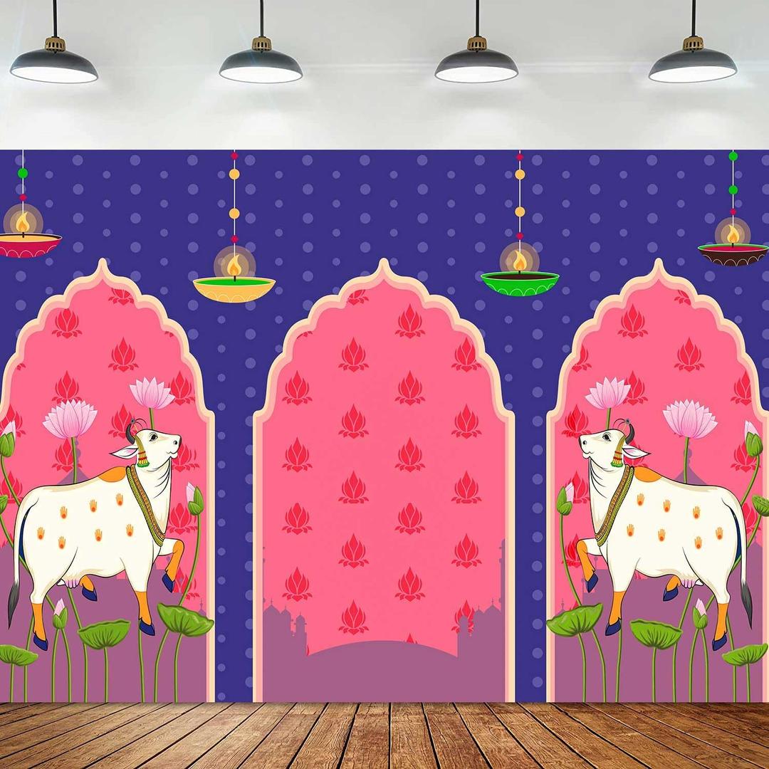 Indian Blue Lotus Cow Pooja Pichwai Backdrop for Traditional Indian Pooja Wedding Housewarming Diwali Ganapati Baby Shower Haldi Ceremonies Indian Wall Art Photo Background 10x7ft BJDWFD412