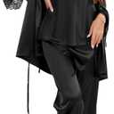 Moreone Women's Silk Satin Pajama Set 3-Piece with Robe, Sexy V-Neck Lace Cami Top and Long Pants, Luxury Soft Sleepwear (Black, S)