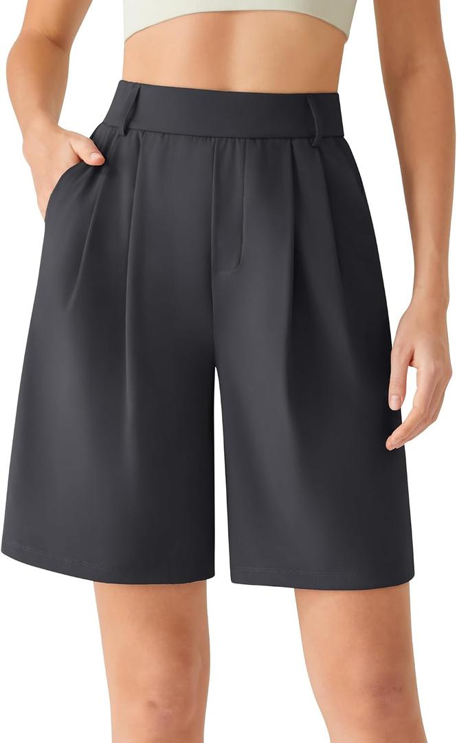 G4Free Shorts for Women High Waisted Wide Leg Dressy Casual Shorts with Pockets Front Pleated Loose Fit Short Trousers for Work Business Office (Black,XL, 7")