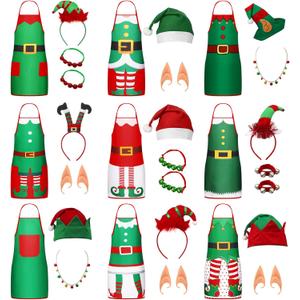 Civaner 9 Sets Christmas Apron Costume Accessories for Women Xmas Party Favor Photos Booth Props Elf Hats Headbands