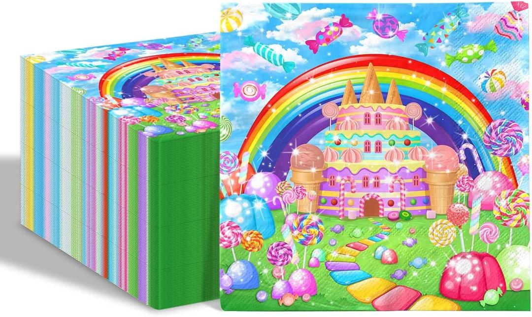 80 Pcs Candyland Birthday Paper Napkins Sweet Candy Lollipop Castle Disposable Napkins Sweetest Candy Theme Napkins for Kids Birthday Party Supplies Table Decor