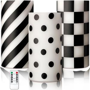 ROCEEI 3 Pcs Black and White Checked Flameless Candles Battery Operated LED Candles Flickering Real Wax Decorations for Indoor Table Decor Happy New Year Gifts Holiday Party