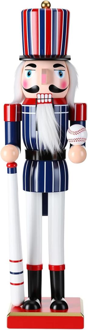 Blosssound 15 Inch Christmas Baseball Nutcracker Decorations Wooden Baseball Player Nutcracker Figurine Red and Blue Sports Game Ornament Winter Christmas Holiday Table Decor Party Favor Supplies