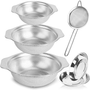 Rice Washer Strainer Bowl,6 Pcs Stainless Steel Colander Set,3QT/4QT/5QT Rice Washer Strainer with 10" Plates,Mesh Strainer for Washing and Draining Vegetables, Fruit, Rice, Pasta,Dishwasher Safe