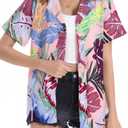 Women Hawaii Shirts: Soft Cool Floral Tropic Print V Neck Summer Tops Short Sleeve Button Up Tops T-Shirt (XL)