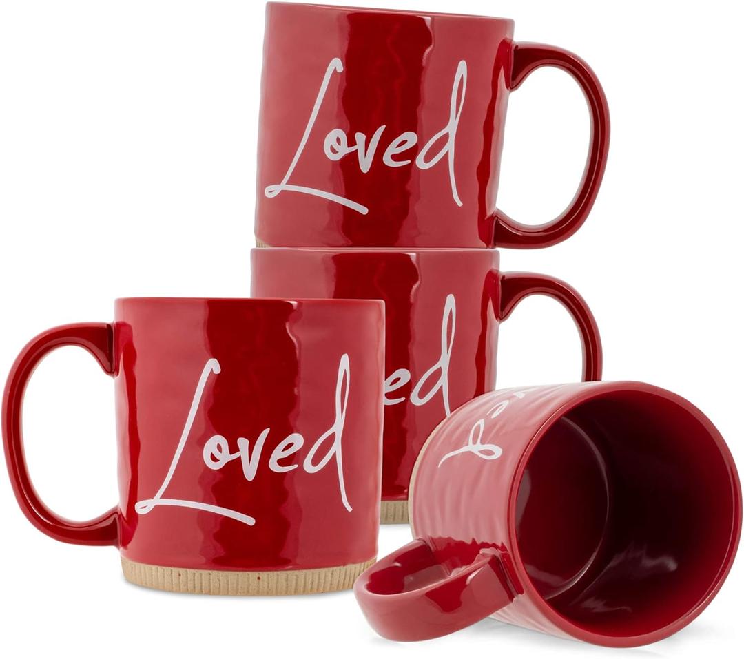 Lighthouse Christian Products Powerful Words Loved 15 ounce Ceramic Stoneware Coffee Mug Pack of 4, Red