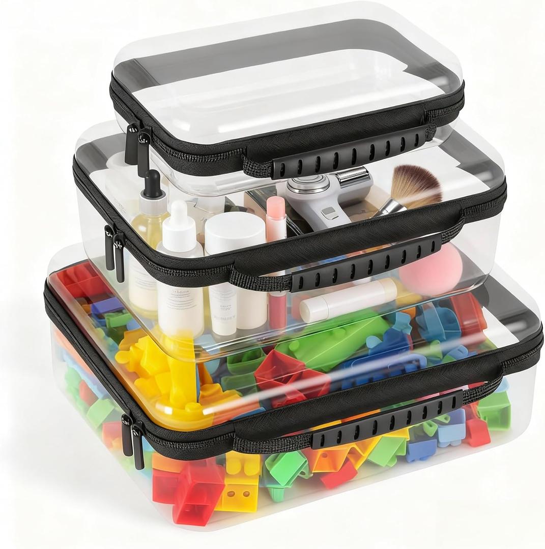 Bottom-Deepened-3 Pack Clear Hard Shell Zipper Case L+M+S,Portable Zipper Bags Waterproof Cosmetics Bags,Organizer Pouch For Snacks,Toy,Diapers,Travel,Black