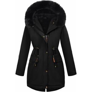 Women's Winter Warm Parka Jacket Fleece Lined Drawstring Thicken Coat Windproof Hooded Sherpa Outerwear (X-Large, Black)