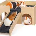 Wooden Guinea Pig Hideout Castle with Stairs,Small Animal Bed Hut Habitats Spacious 2-Level Detachable Small Pet House for Rabbits, Hamsters & Chinchillas Bunny (Grey)