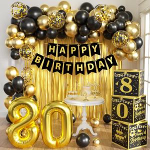 Gold 80th birthday decorations for men,3pcs birthday Decorations for Men boys black and gold Balloon Boxes Birthday Party Favors