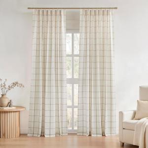 Central Park Plaid Pinch Pleated Curtain Panel Checkered Semi Sheer 90 Inch Flax Linen Blended Window Treatment Drape for Rustic Living Room Bedroom with Back Tabs Hooks, 40" L x90 W x2