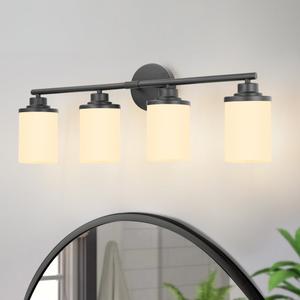 Modern Bathroom Vanity Light Fixture, 4-Light Sconces with Frosted Glass, Matte Black