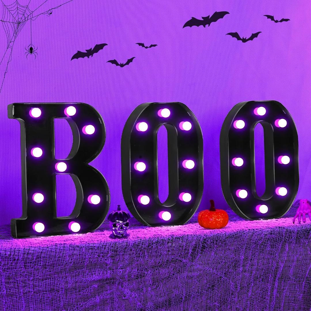 Halloween Decorations Indoor - Boo 3 Pack LED Light Up Hanging Letters Black Boo Signs Light for Indoor Halloween Decor Home Table Party Wall Mantel Fireplace Bedroom, Purple Lights