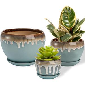 Lyellfe Set of 3 Ceramic Plant Pots, Planter Pot with Drain Hole and Connected Saucer, 7/5 / 4 Inch Decorative Flower Pots for Indoor Outdoor, Balcony, Office, Apple Shape