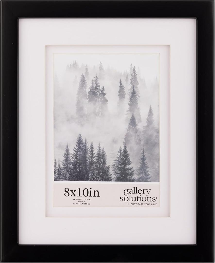 Gallery Solutions - 8"x10" Black Frame - Double White Mat - Wall/Tabletop Display - Perfect Fit for 5"x7" Photos - Versatile Mounting Options - Rectangular Tabletop - Poster Frame