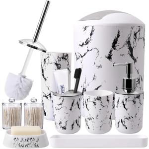 XLHOMO White Marble Bathroom Accessories Set, White Bathroom Set with Trash Can, Vanity Tray, Soap Dispenser, Soap Dish, Toothbrush Holder, Toothbrush Cup, Toilet Brush and Qtip Holders for Bathroom