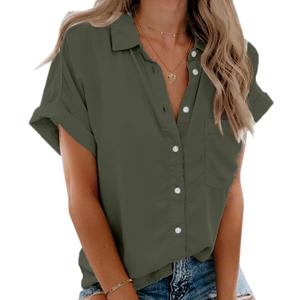 Beautife Womens Short Sleeve Shirts V Neck Collared Button Down Shirt Tops with Pockets (Large, Army Green)