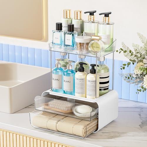 Delamu Bathroom Counter Organizer 2-Drawers 2-Tier Acrylic Makeup Organizer for Vanity Countertop, Skincare Perfume Storage, Easy Assembly, Ideal for Women, Bath Linen Sets, Clear