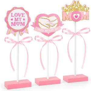 3 PCS Mother's Day Table Decorations, MOM Wooden Signs for Mother's Day Home Kitchen Decorations (MOM)