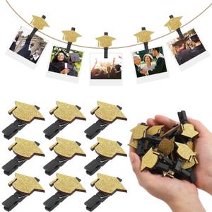 30 Pcs Graduation Cap Picture Display Graduation Hanging Photo Clips with String Class of 2026 Party Decoration Grad Cap Garland Black Gold Glitter Clip for Congrats Photo Booth Party Decor