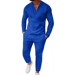 Bealin Mens Track Suits 2 Piece Long Sleeve Zip Polo Shirts & Sweatpants Textured Athletic Sweatsuit Casual Joggers Sets (Large, Blue)
