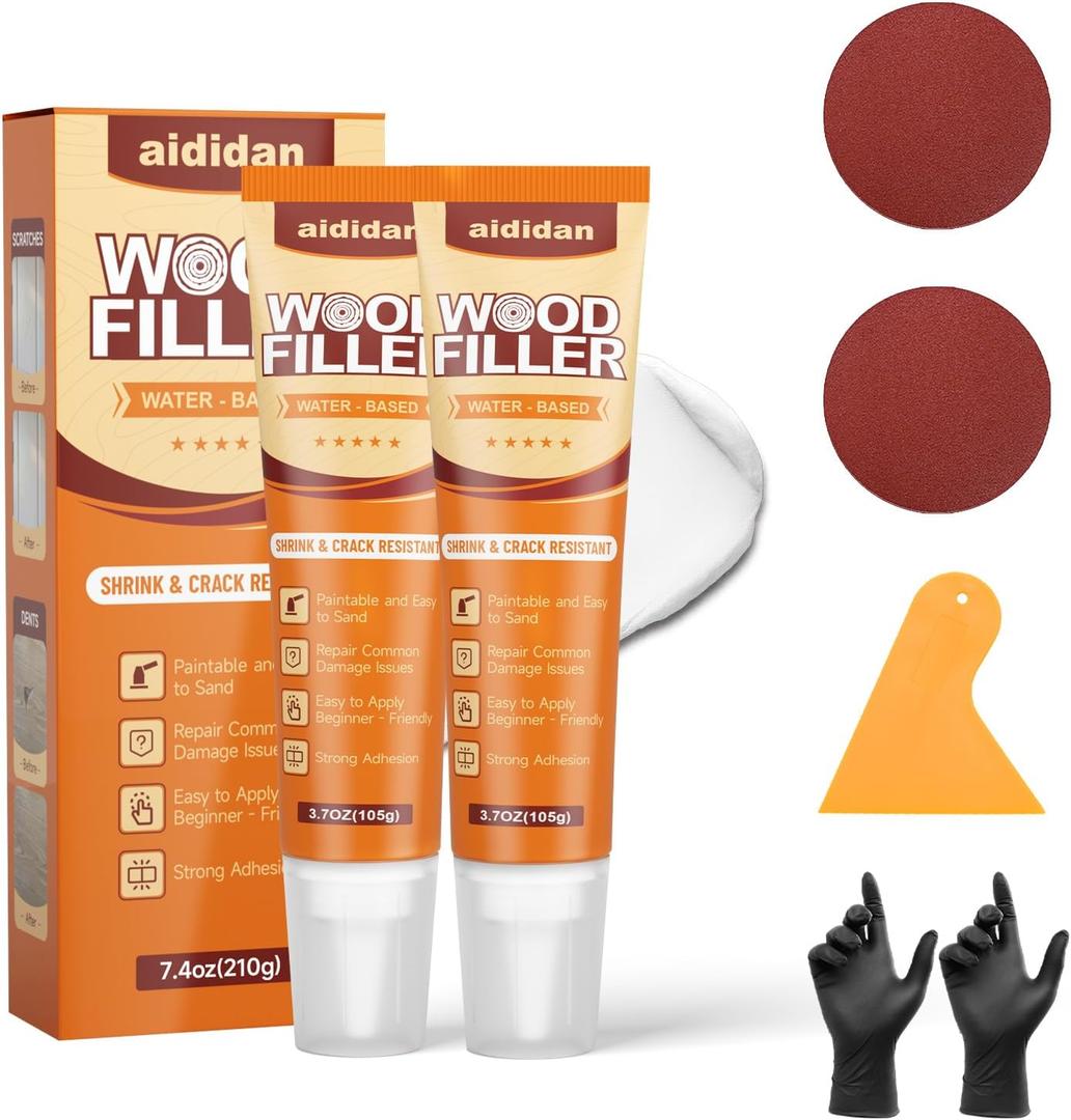 Wood Filler, 2 Pack Water-Based Wood Putty, Paintable & Stainable Wood Repair Kit, Shrink & Crack Resistant, Wood Furniture Repair Putty, Quick Repair for Cracks, Holes and Damage (7.4 oz)