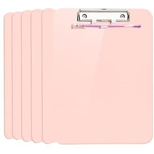 6 PCS A4 Clipboards, Plastic Clipboard with Pen Holder, Clip Boards 8.5x11 with Low Profile Clip, Cute Hanging Clipboard for School Office Supplies Clipboards for Kids, Portable Clip Board for Nurse-Pink