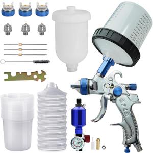 HVLP Spray Gun with 10Pcs 600ML Disposable Paint Cups, 3 Nozzles,1.4/1.7/2.0mm, Automotive Gravity Feed Paint Spray Gun Kit with Oil Separatorr for Cars & DIY Furniture Painting