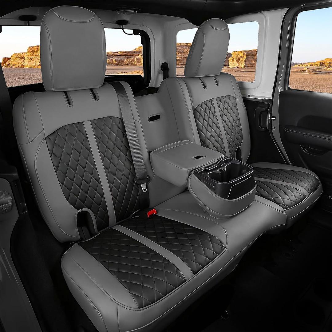 for Jeep Wrangler Seat Covers 4Door JL 2018 2019 2020 2021 2022 2023 2024 2025 2026, Custom Fit Car Seat Cover Full Set, Luxury Waterproof Leather Protectors, Gray Black, with Rear Cup Holder