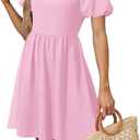 OFEEFAN Women Puff Sleeve Square Neck Tie in Back Dresses with Zipper, Size 160