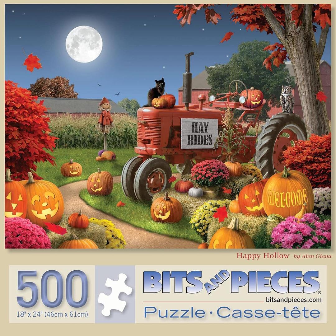 Bits and Pieces  500 Piece Jigsaw Puzzle for Adults  Happy Hollow - Halloween Farm Pumpkin Jack - O - Lantern Tractor Cat Fall Autumn Flower Corn Moon Night Jigsaw Puzzle by Artist Alan Giana
