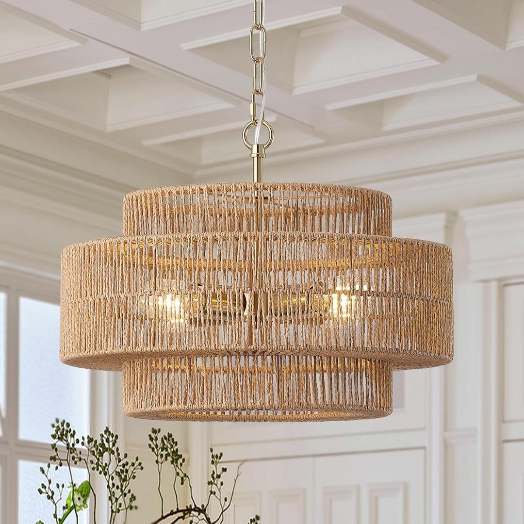 17.7"Large Boho Rattan Farmhouse Chandeliers for Dining Room,4-Light Rattan Hand-Woven Rustic Drum Chandelier Pendant Light Fixture for Kitchen Island Bedroom Living Room Entryway Foyer(Brown)