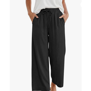ANRABESS Women Wide Leg Pants Summer Palazzo High Waisted Casual Loose Lounge Flowy Capri Cropped Beach Trousers Work Outfits, Black, Size S
