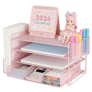 Metal Desktop File Organizer Multi Tier Pull Out Document Tray Office Desk Storage Rack for Files Paper and Stationery Durable Iron Mesh Pink 1 Pack