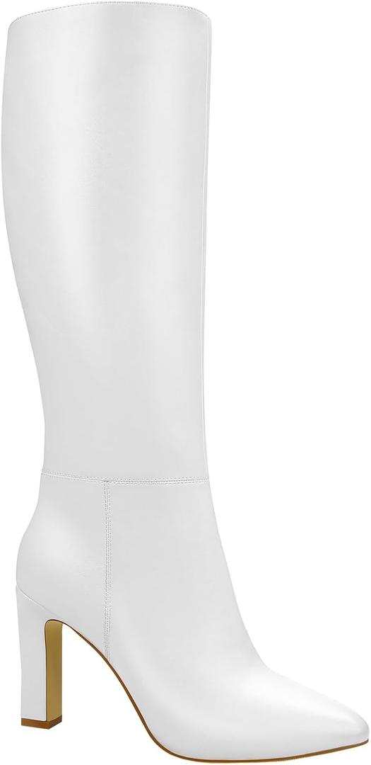 Knee High Boots for Women - Long Elastic Faux Leather Tall Boots for Women Mid Block Heel Pointed Toe with Side Zipper Fall Winter (6, White)