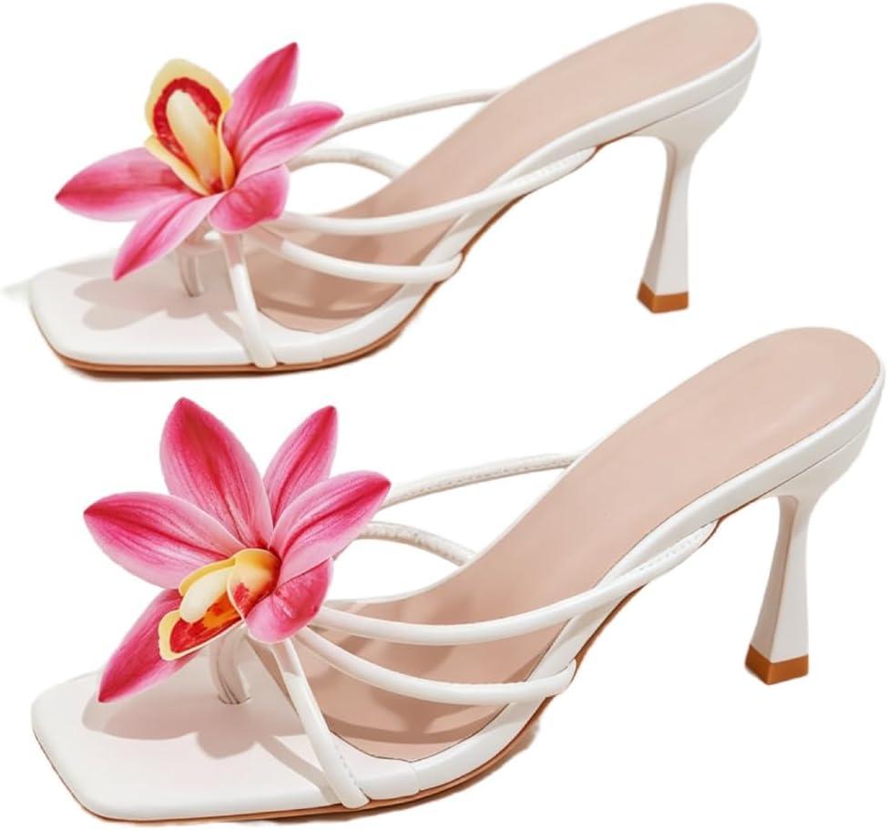MakeMeChic Women's Open Toe Floral Kitten Heels Flower Summer Beach Sandals, Size 41 (White)
