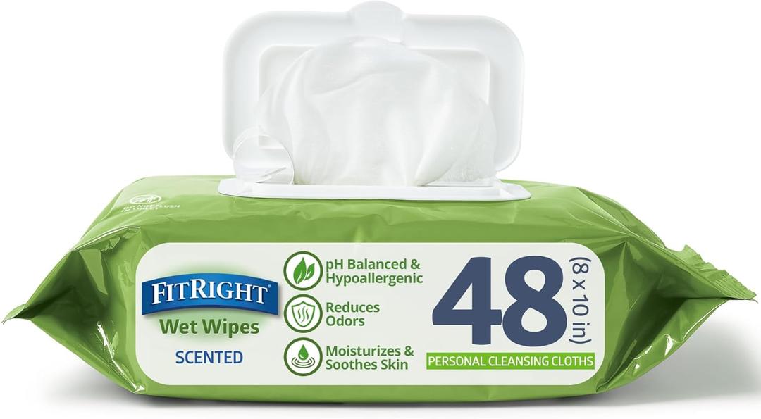 Medline FitRight Aloe Personal Cleansing Cloth Wipes, Scented, Pack of 48, 8 x 10 inch Adult Large Incontinence Wipes
