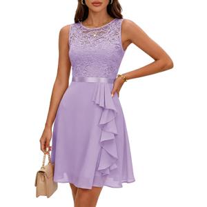 BeryLove Formal Cocktail Dresses Bridesmaid Wedding Guest Short Prom Dress Ruffle Hem Sleeveless Homecoming Lace Gowns, M