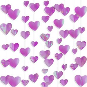 10 Pack 130ft Iridescent Purple Holographic Heart Party Garland Asymmetrical Love Hanging Banners for Valentines Galentines Day, Birthday, Wedding Decorations
