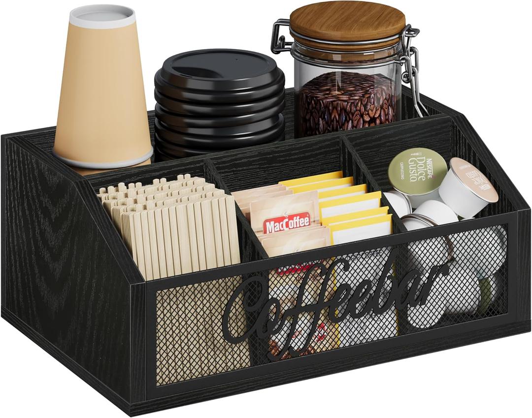 YINMIT Coffee Station Organizer for Countertop, Wood Coffee Bar Organizer with Removable Dividers for Pods, Syrup, Cups, Stirrer, Tea - Office Bar Accessories, Iron Mesh-Black (1 Tier)