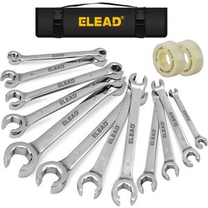 ELEAD 14-Piece Flare Nut Wrench Set with PTFE Tape, Metric & SAE 1/4"-7/8"& 6-21mm, Brake Line Wrench Set Double Open End with Organizer Pouch for Repairing and Removing Nuts