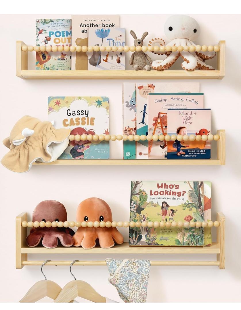 Nursery Book Shelves for Wall 24inch Set of 3, Natural Wood Bookshelf Wall Decor, Floating Shelf Organizer for Kids Room, Bedroom, Kitchen Spice Rack