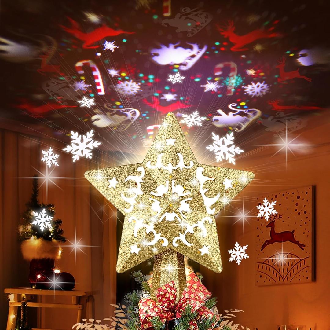 Christmas Tree Topper, Christmas Star Tree Topper Built-in LED Rotating Lights, Plug in 3D Golden Glittered Star Tree Topper for Xmas Party Holiday Decorations