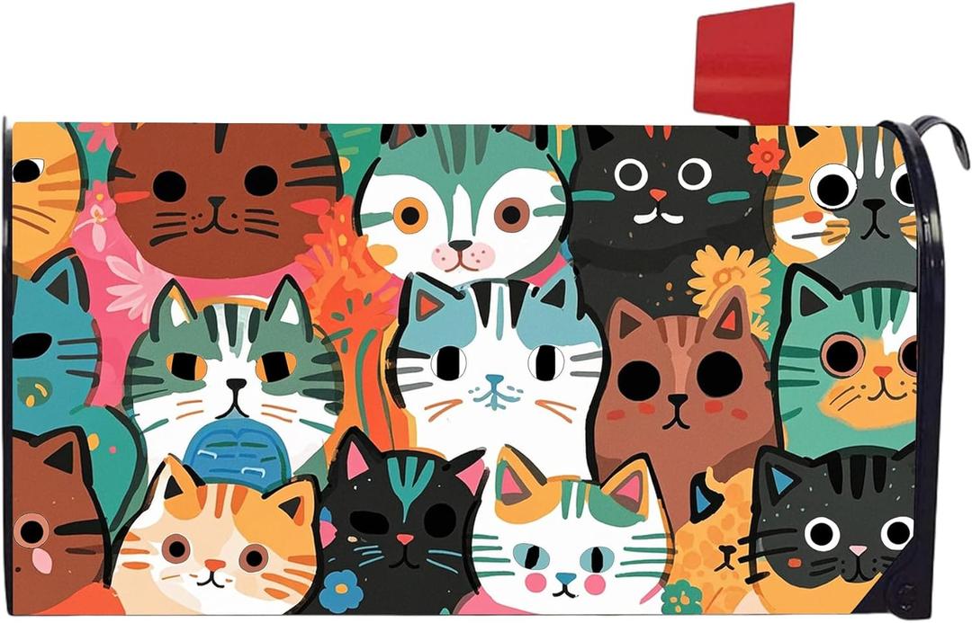 Cute Cat Decoration Mailbox Covers Magnetic Standard Size 21" X 18" Cat Themed Waterproof Mail Box Wraps Post Letter Box Covers Garden Yard Home Decor for Outdoor (Colorful Cats)