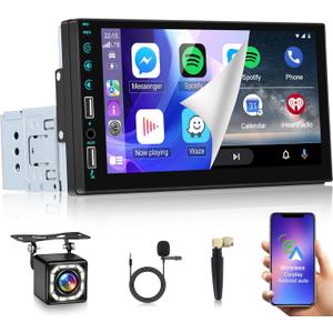 7 Inch Single Din Touchscreen Car Stereo - Wireless Carplay & Android Auto - 1 Din HD Touchscreen Car Radio - Voice Control, Bluetooth, Mirror Link, EQ, USB/AUX Port, SWC + 12LED Backup Camera
