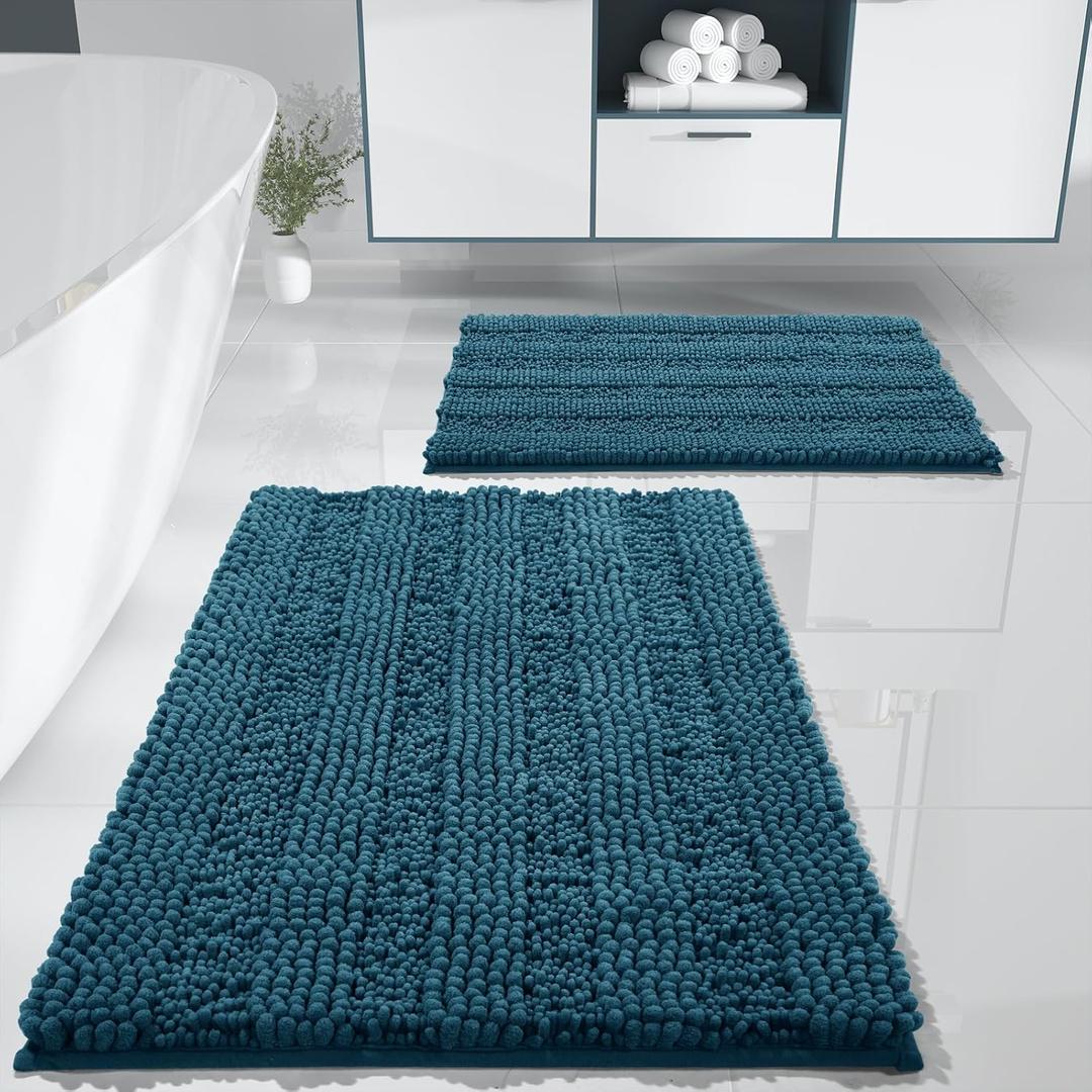 Yimobra Bathroom Rug Set 2 Piece, Soft Absorbent Chenille Bath Mat Set, Non Slip Machine Washable Quick Dry, Plush Shower Rugs for Bathroom Floor Sink Tub, 32"x20"+24"x17", Peacock Blue