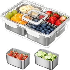 Snackle Box Container, 304 Stainless Steel Divided Serving Tray with Lid and Handle, Portable 4 Compartments Veggie Tray for Fruits,Veggies,Nuts &Candy, Dishwasher Safe for Travel, Picnic, Beach&Parties