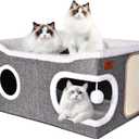 Extra Large Cat Beds for Indoor Cats, Covered Cat Cave Beds & Furniture with Scratch Pad and Fluffy Ball, Foldable Cat Condo Hideaway with Reversible Cushion for Multi Small Pet Large Kittens, Grey, size: 2' x 17"