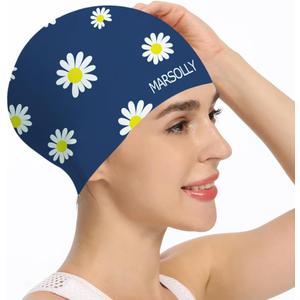 Silicone Swim Cap for Women, Waterproof Long Hair Swimming Caps with Flower Printed (Navy)